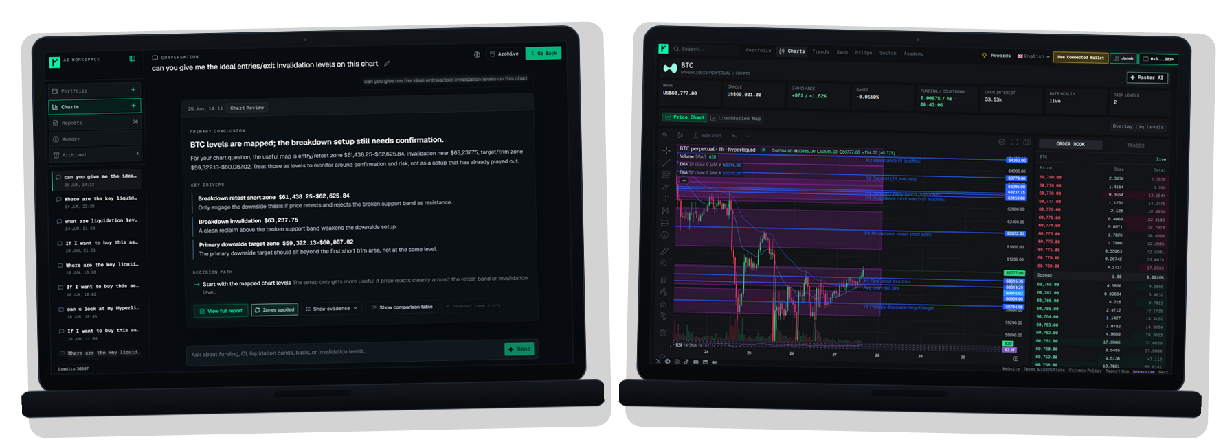 Raster AI chart copilot entry, invalidation, and scenario framing interface displayed on a laptop.
