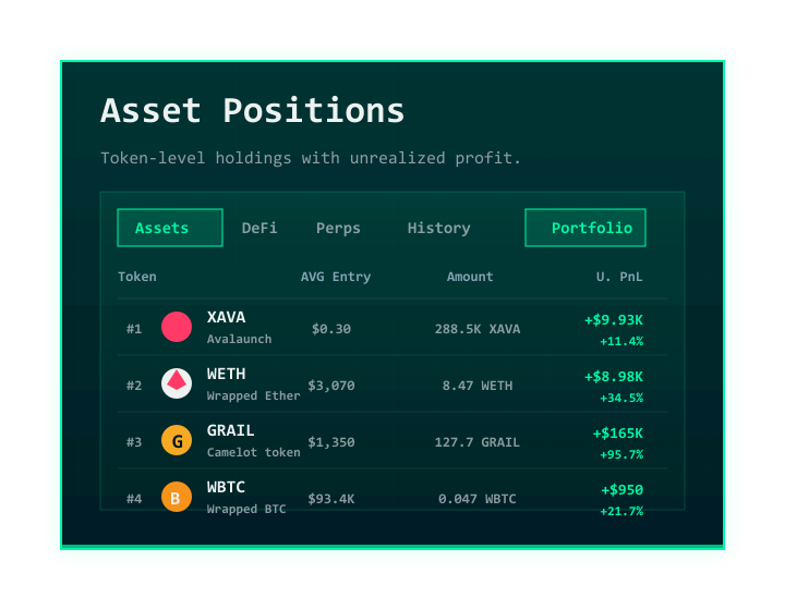 Asset positions table with average entry, amount, and positive unrealized PnL