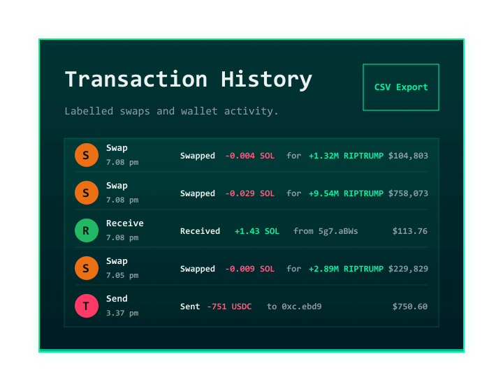 Transaction history rows with swaps, receives, sends, trades, and CSV export